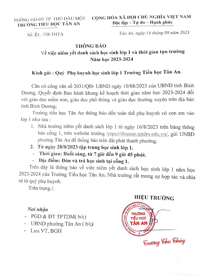 thong bao danh sách lớp 1