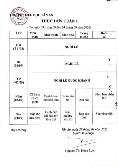 Thực đơn tuần 1 NH 2026-2027 (từ 31/8/2026 đến 05/9/2026)