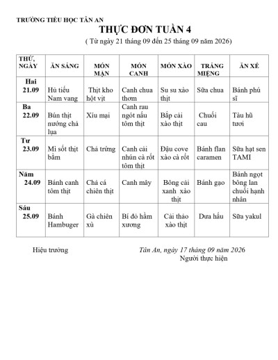 THỰC ĐƠN TUẦN 4 NH 2026-2027 (Từ 21/9/2026 đến 25/9/2026)