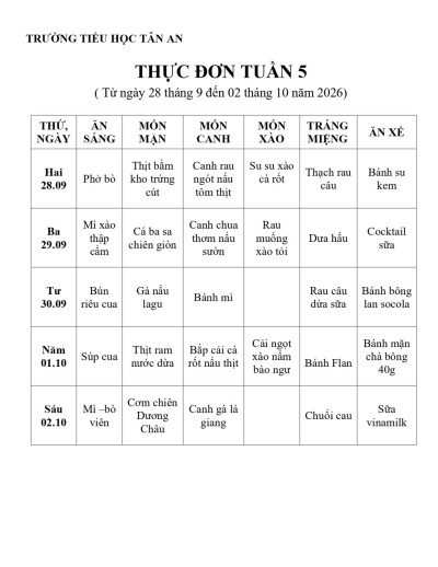 THỰC ĐƠN TUẦN 5 NH 2026-2027 (Từ 28/9/2026 đến 02/10/2026)