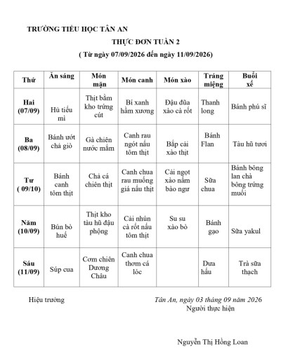 THỰC ĐƠN TUẦN 2 NH 2026-2027 (từ 07/09/2026 đến 11/09/2026)