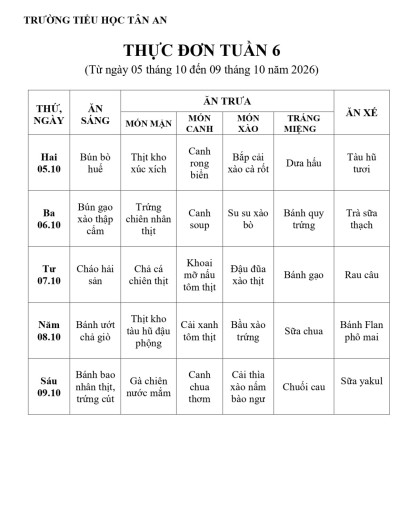 THỰC ĐƠN TUẦN 6 NH 2026-2027 (Từ 05/10/2026 đến 09/10/2026)