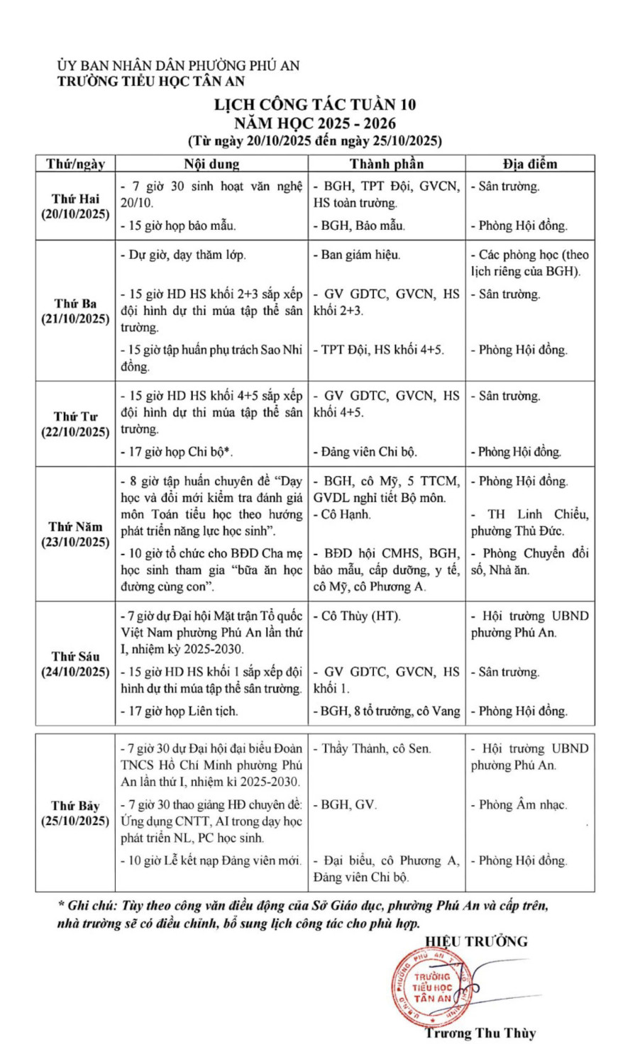 Lich làm việc trường TH Tân An