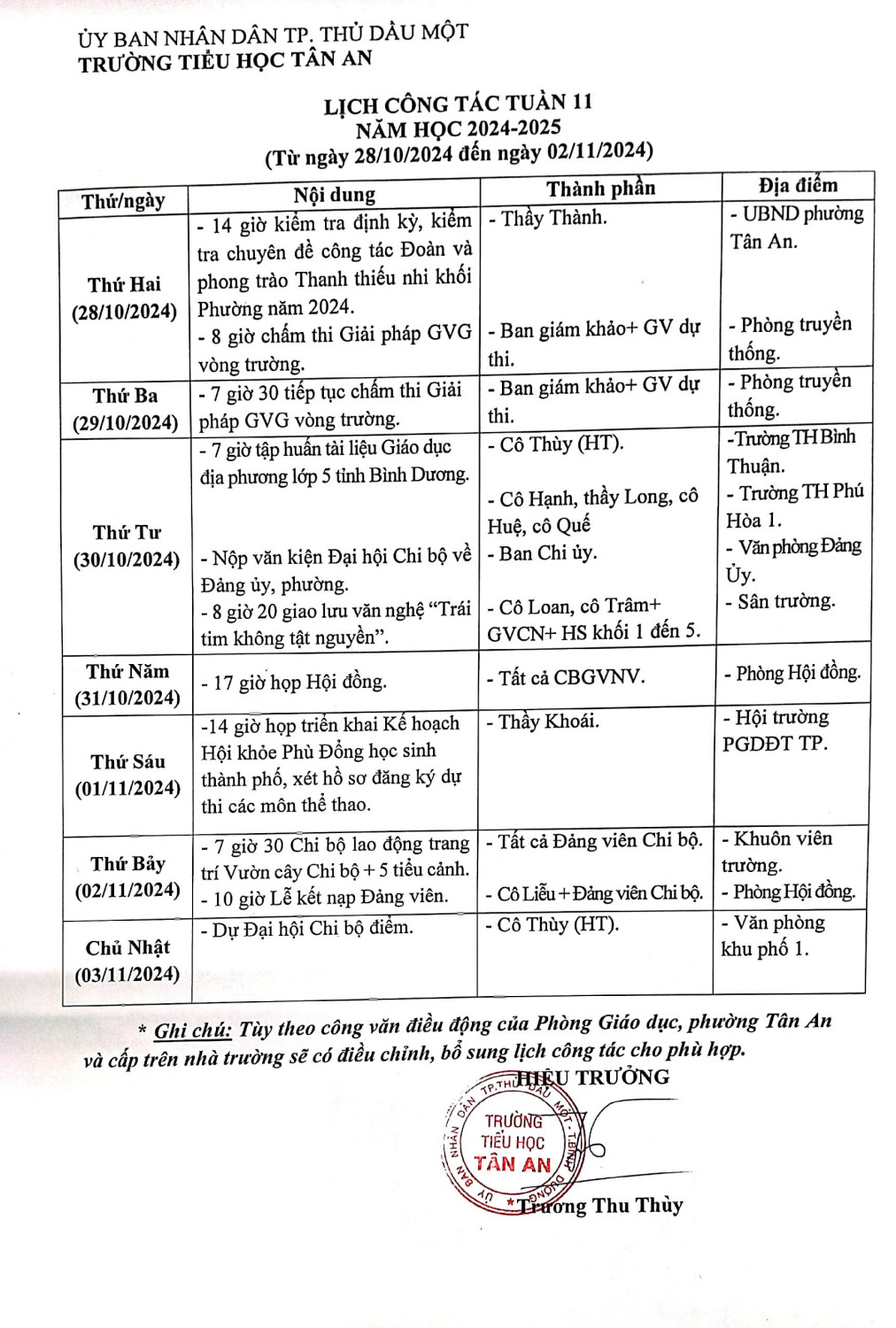 Lich làm việc trường TH Tân An