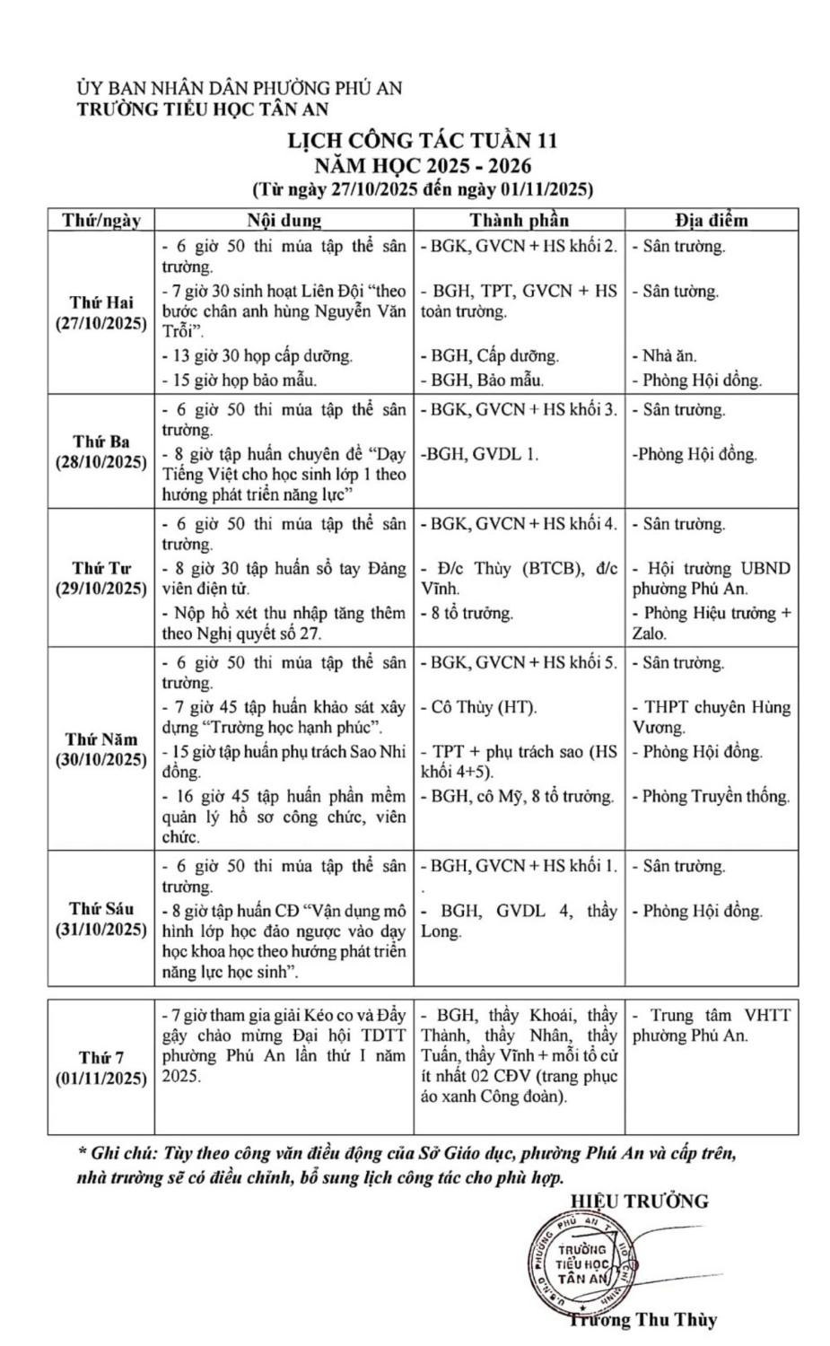 Lich làm việc trường TH Tân An