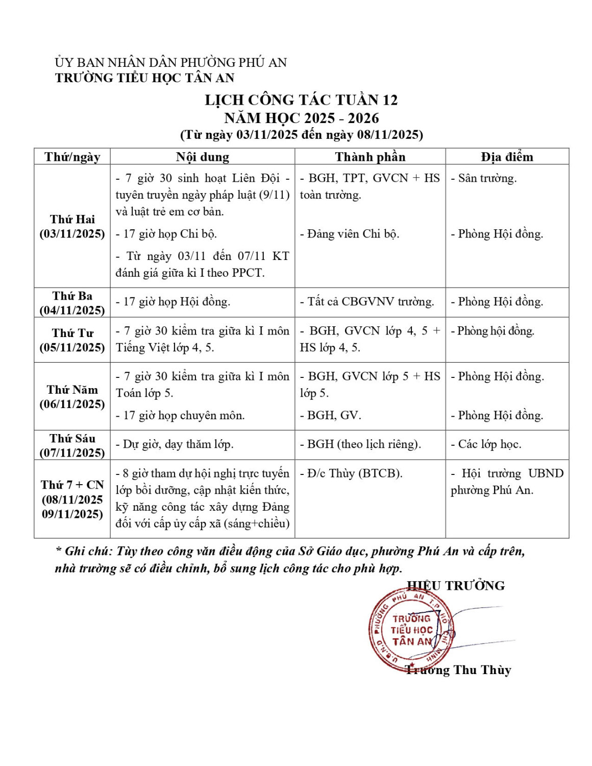 Lich làm việc trường TH Tân An