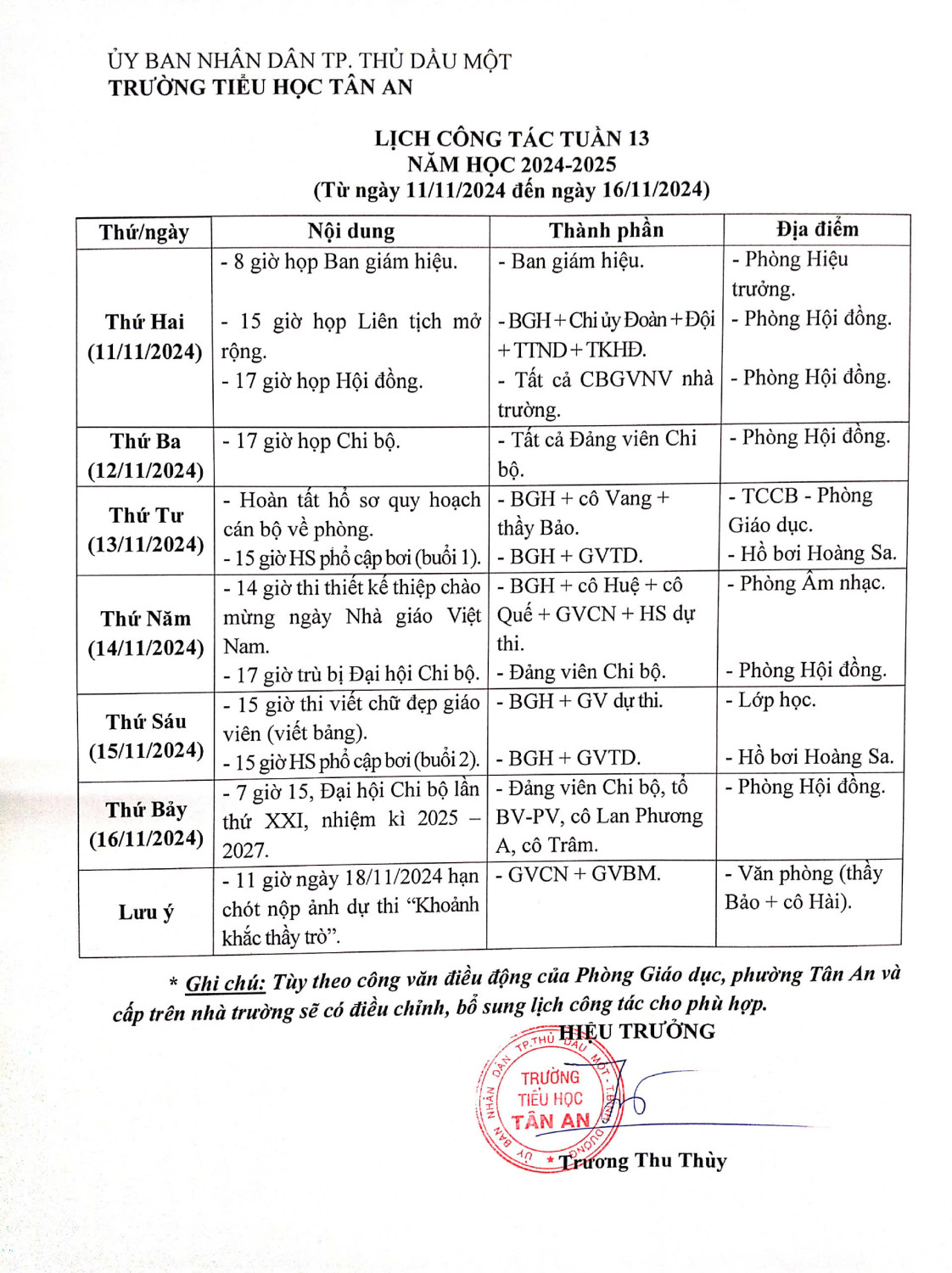 Lich làm việc trường TH Tân An