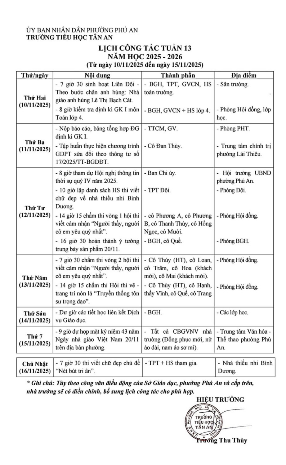 Lich làm việc trường TH Tân An