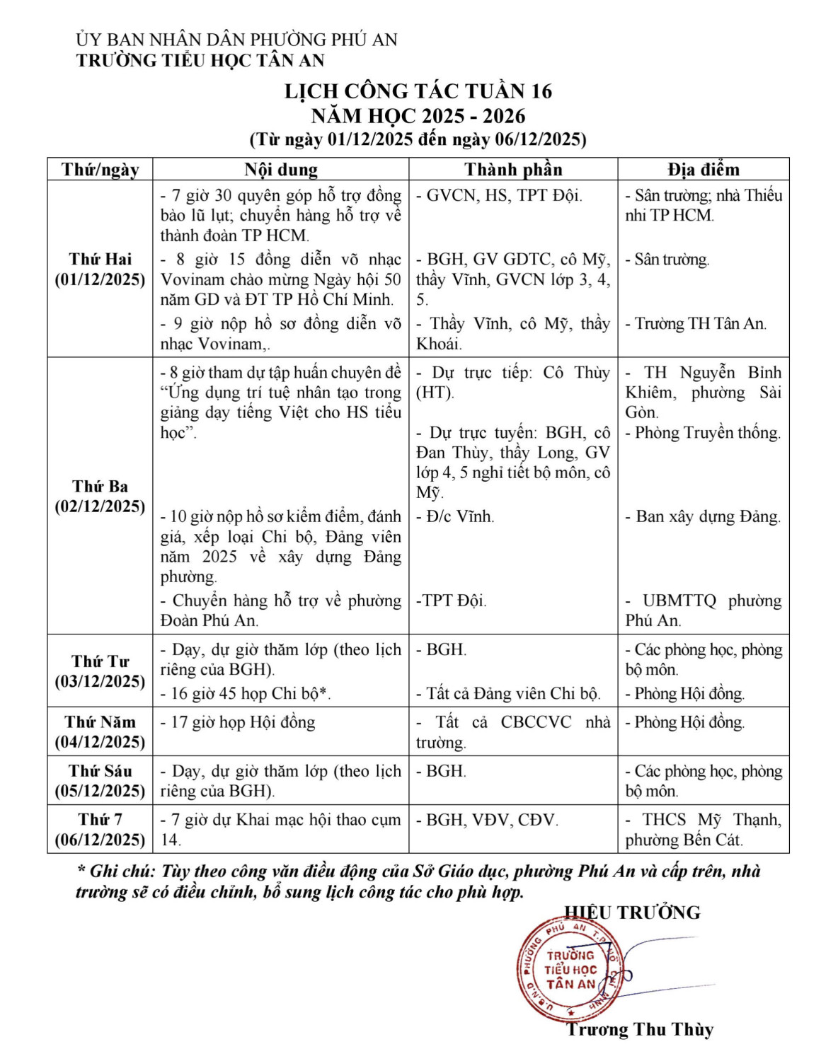 Lich làm việc trường TH Tân An