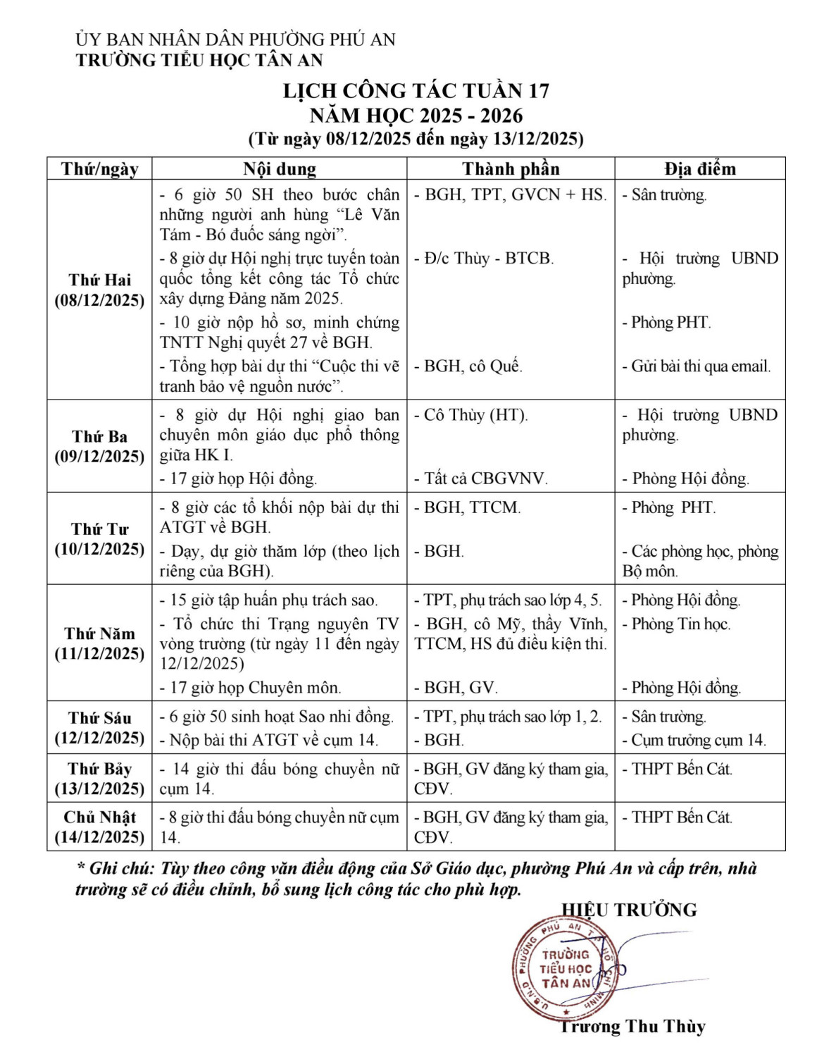 Lich làm việc trường TH Tân An