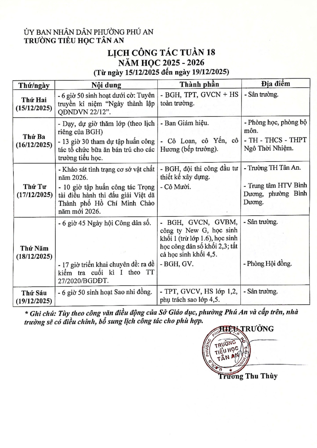 Lich làm việc trường TH Tân An