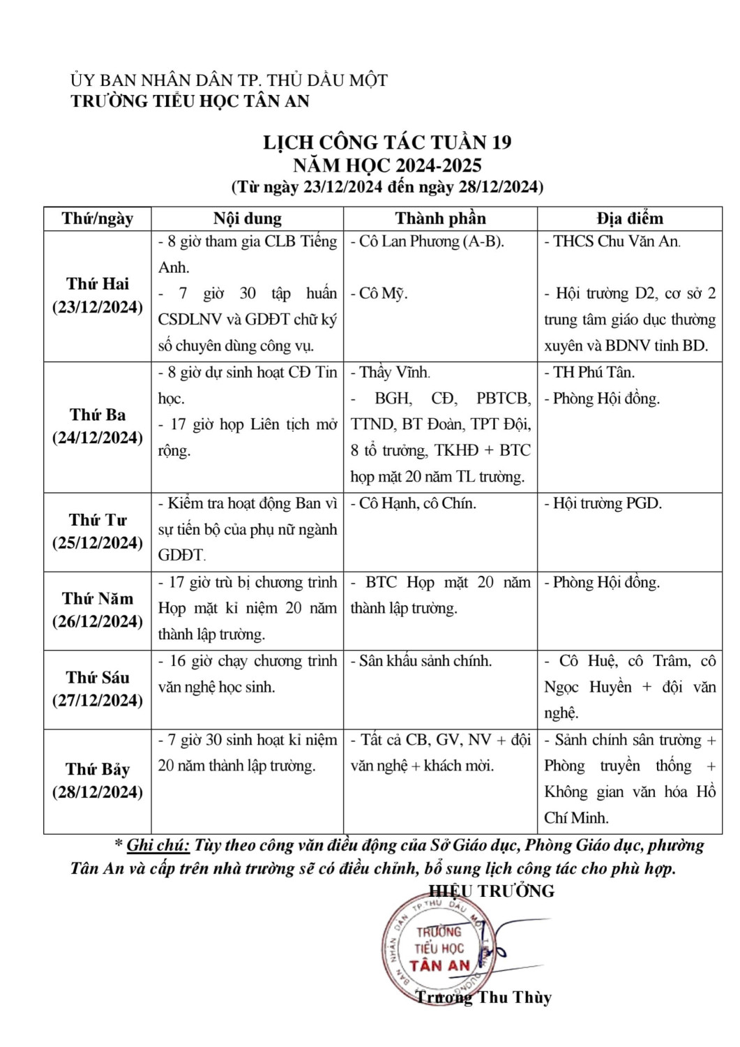 Lich làm việc trường TH Tân An