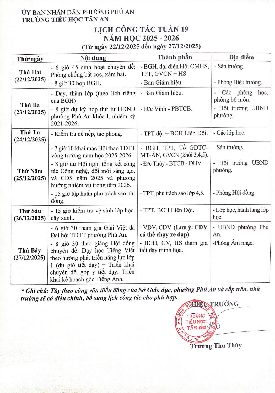 Lich làm việc trường TH Tân An