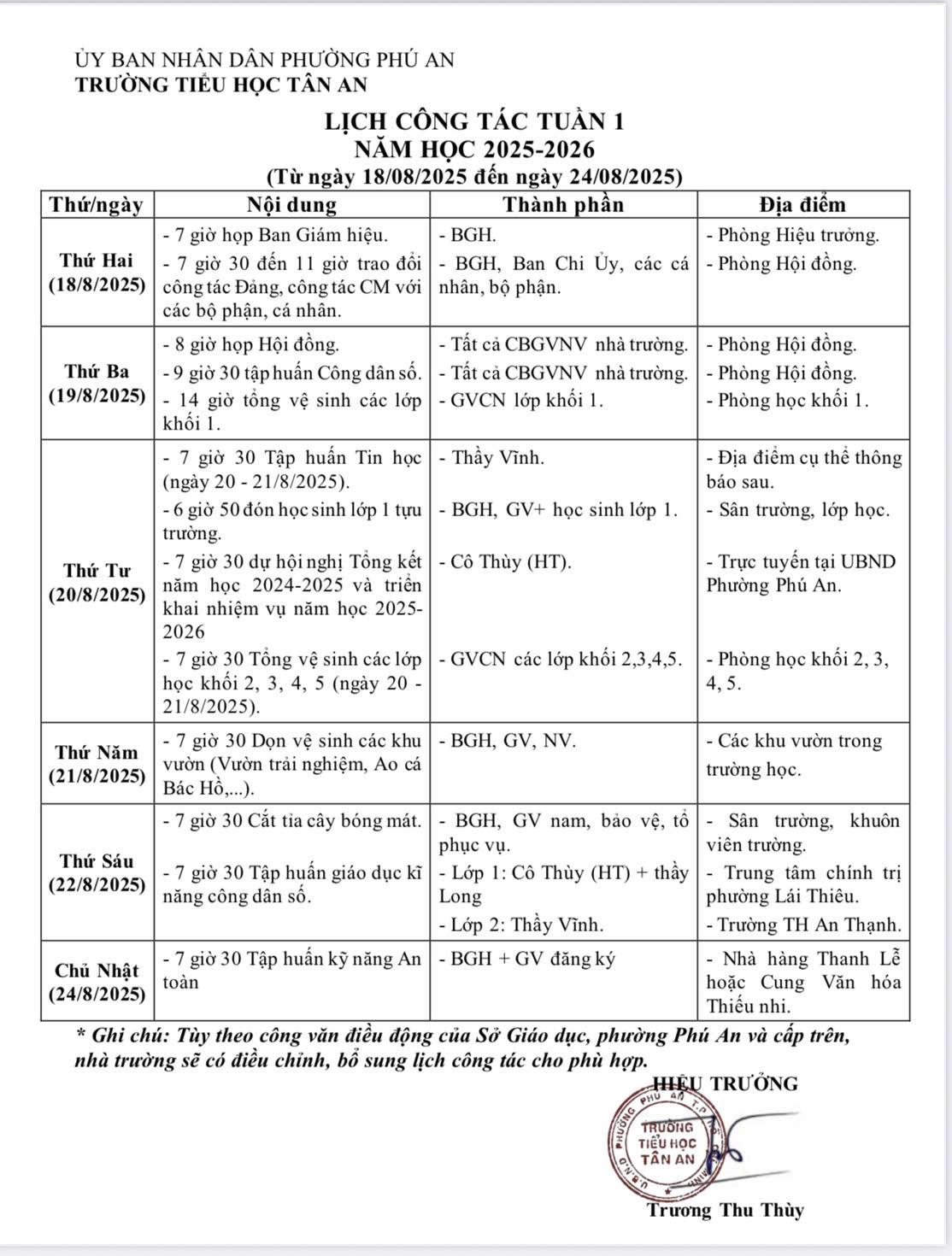 Lich làm việc trường TH Tân An