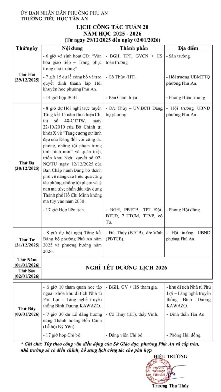 Lich làm việc trường TH Tân An