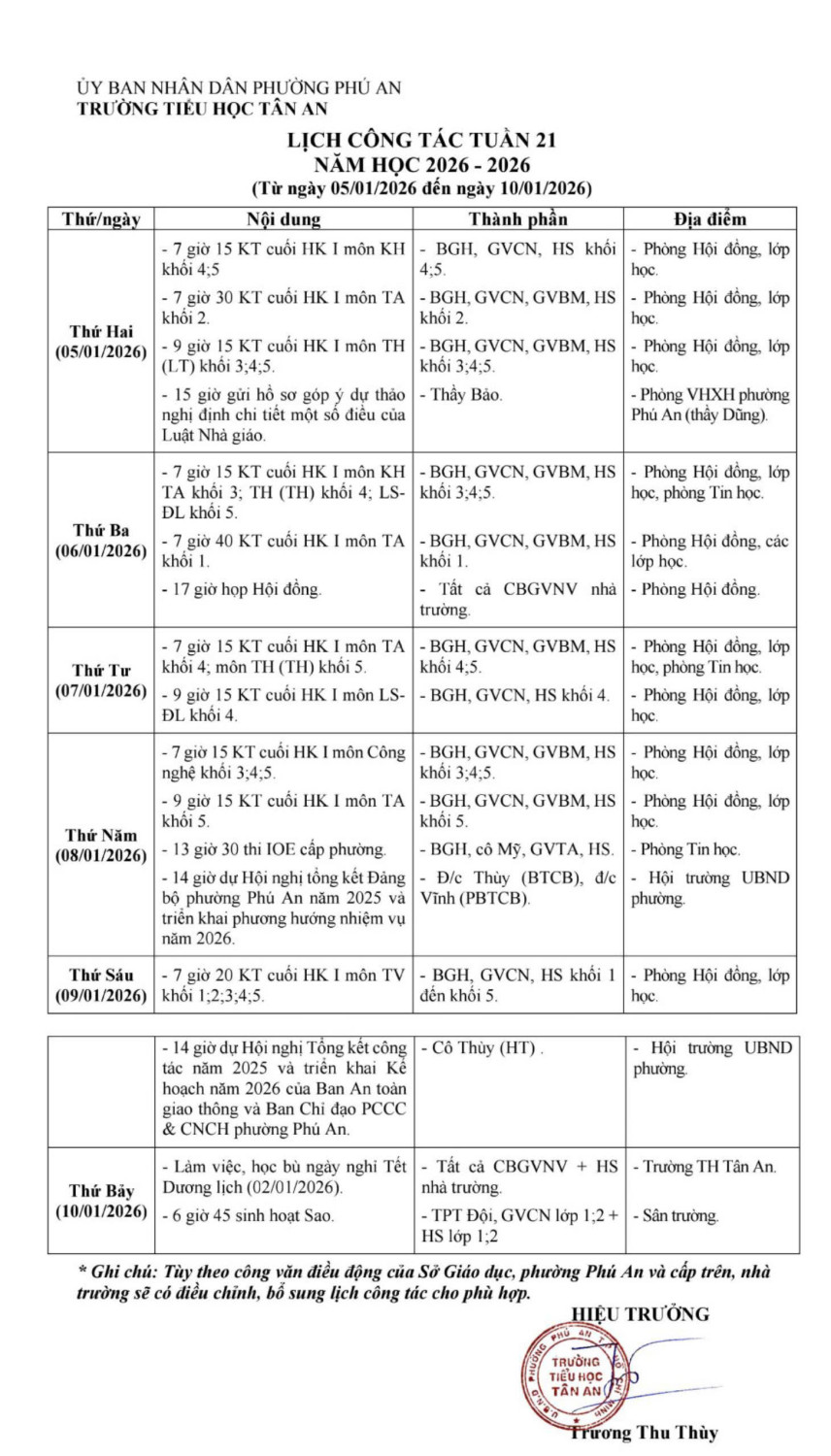 Lich làm việc trường TH Tân An