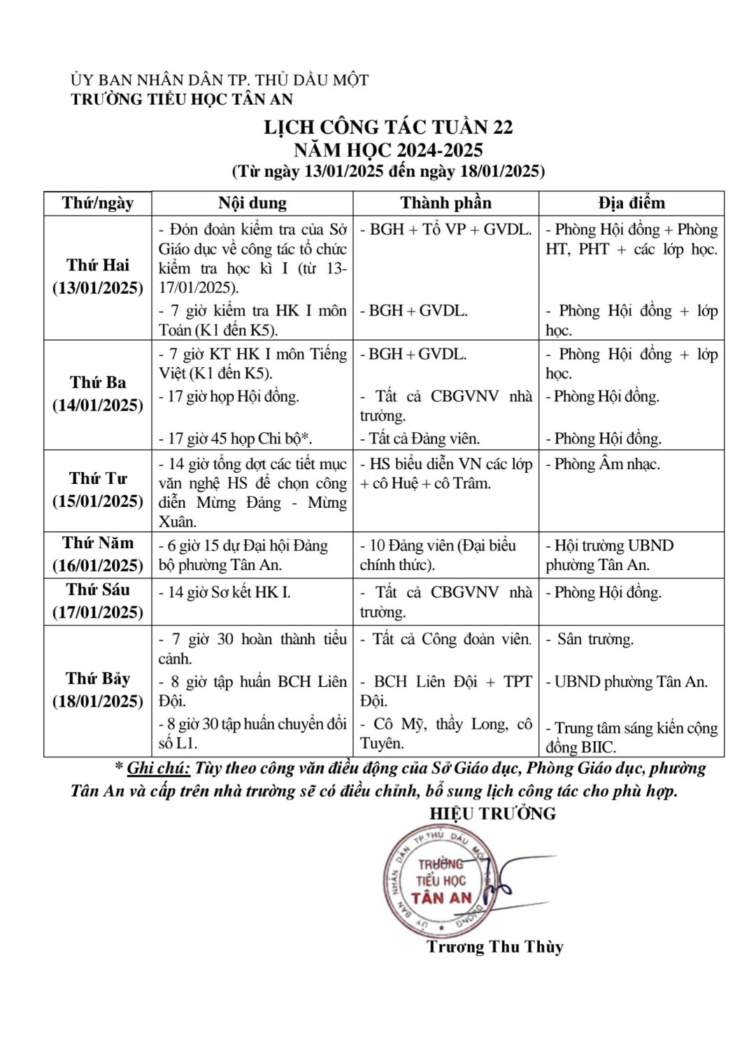 Lich làm việc trường TH Tân An