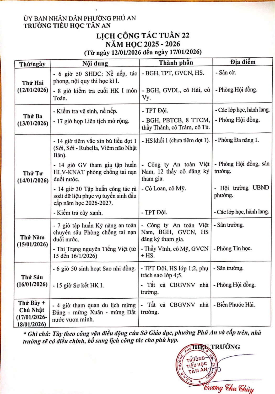 Lich làm việc trường TH Tân An