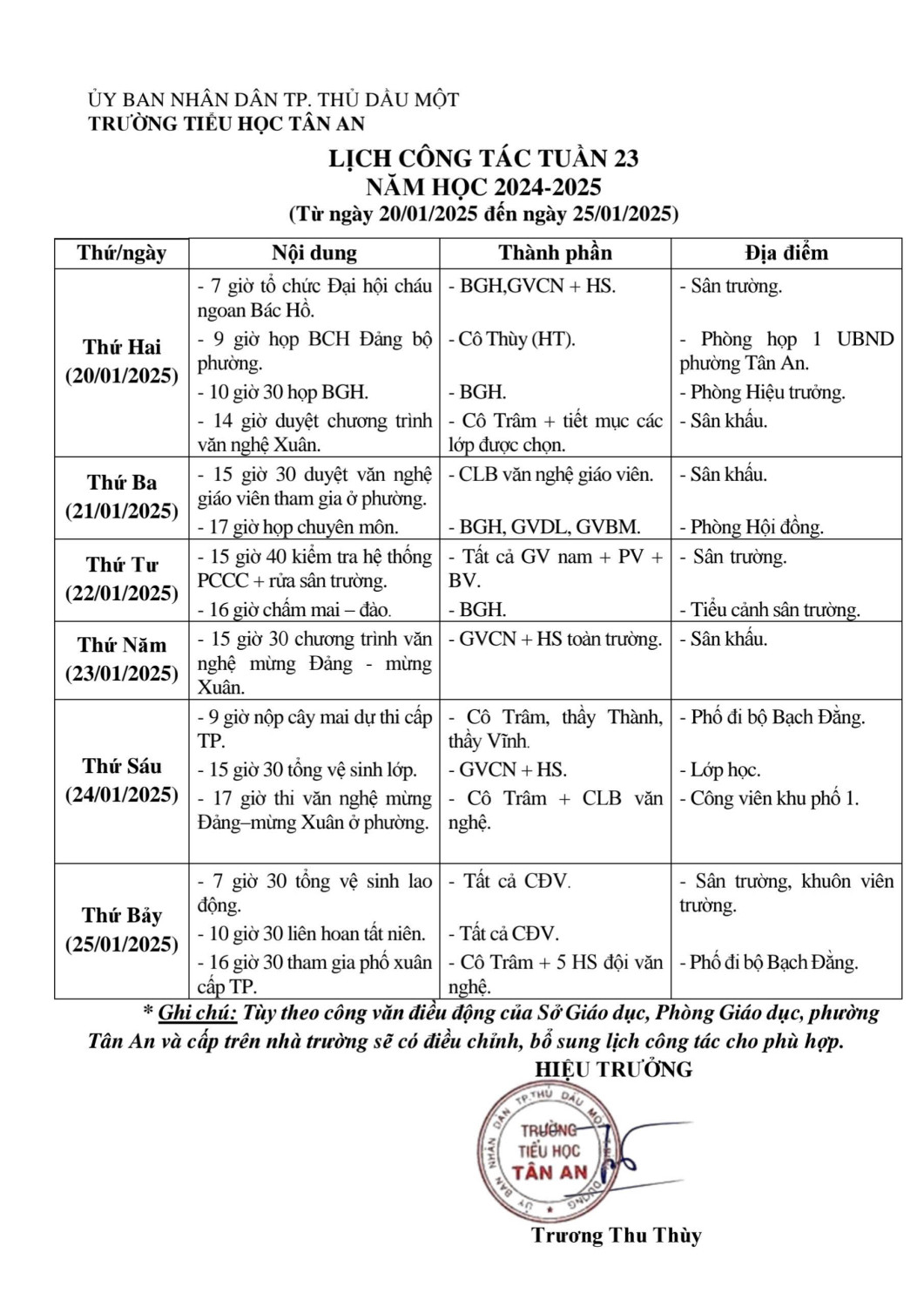 Lich làm việc trường TH Tân An