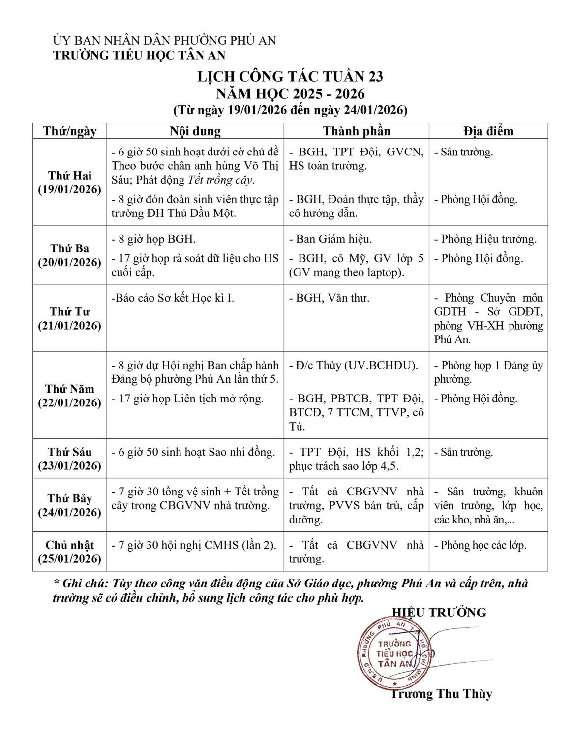 Lich làm việc trường TH Tân An