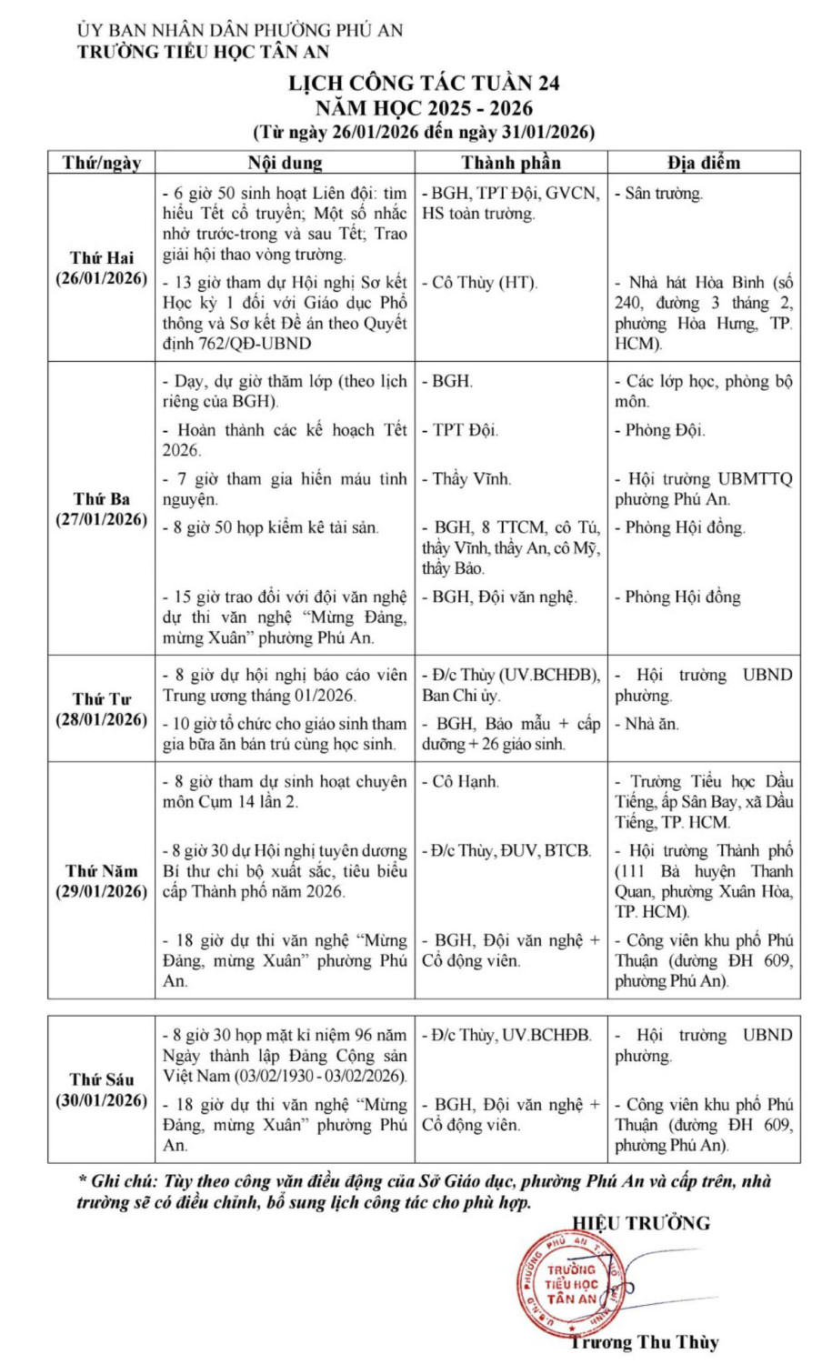 Lich làm việc trường TH Tân An