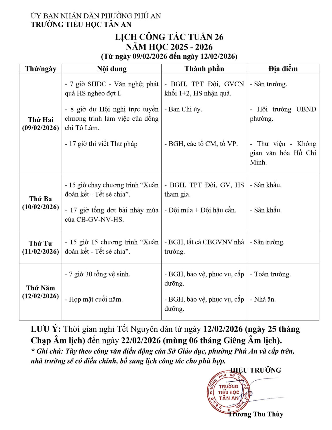 Lich làm việc trường TH Tân An