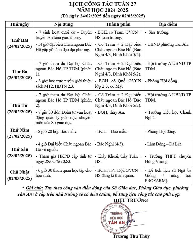 Lich làm việc trường TH Tân An