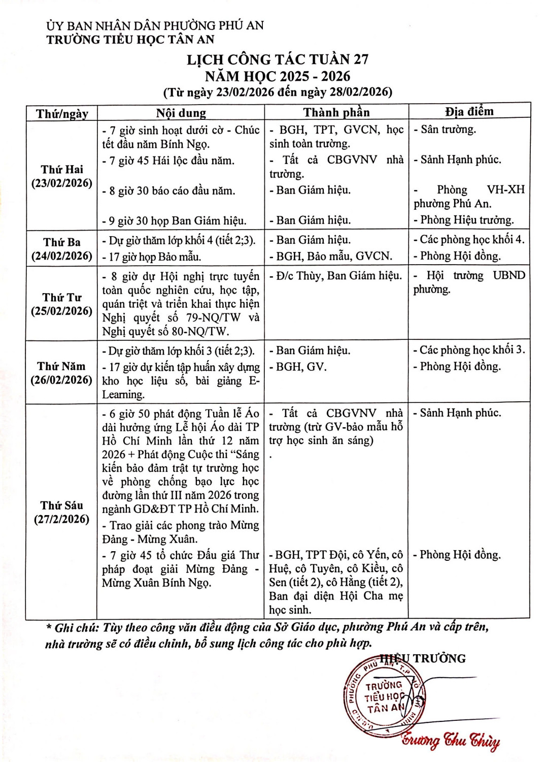 Lich làm việc trường TH Tân An