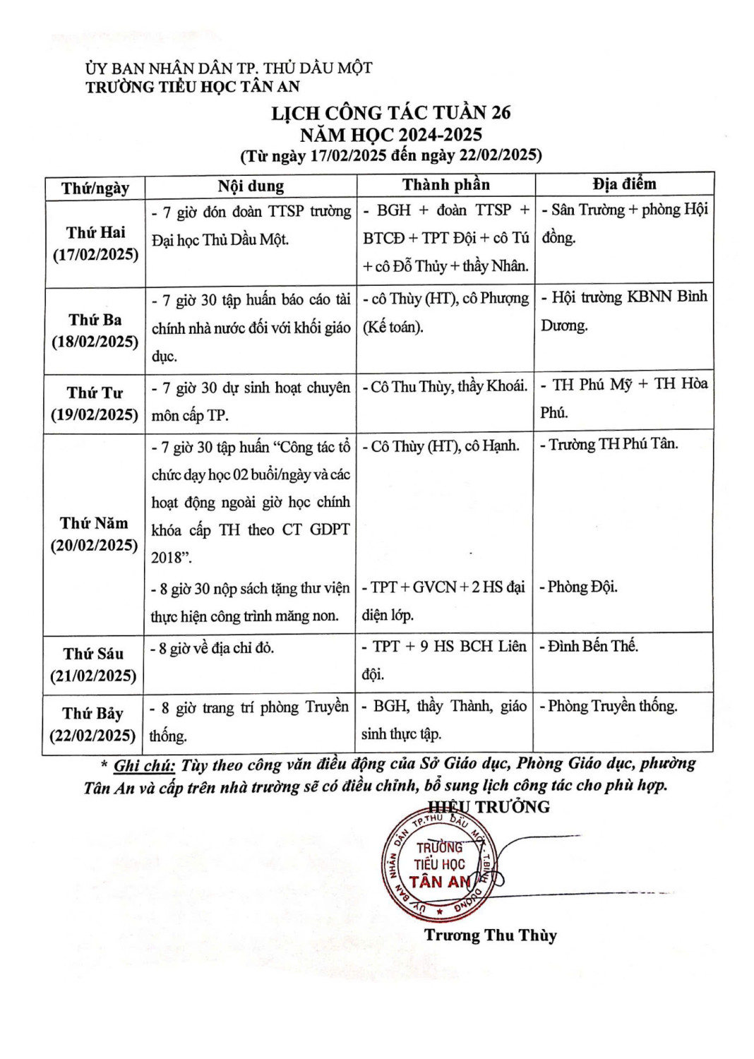 Lich làm việc trường TH Tân An