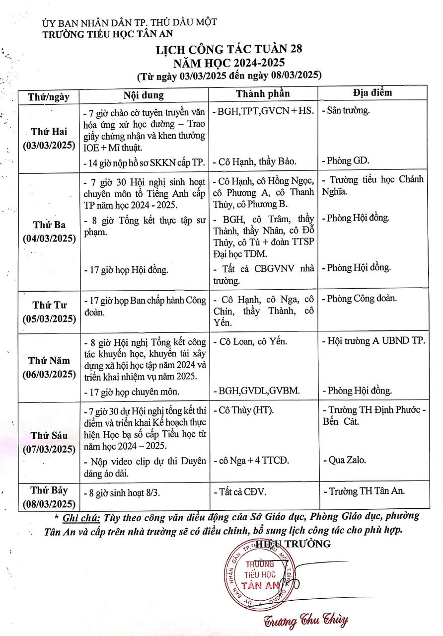 Lich làm việc trường TH Tân An