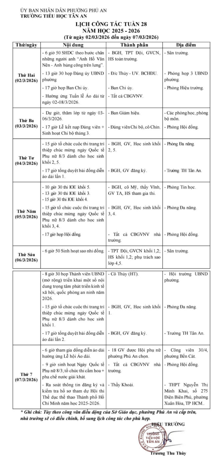 Lich làm việc trường TH Tân An