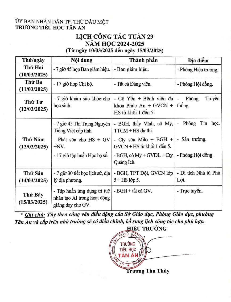Lich làm việc trường TH Tân An