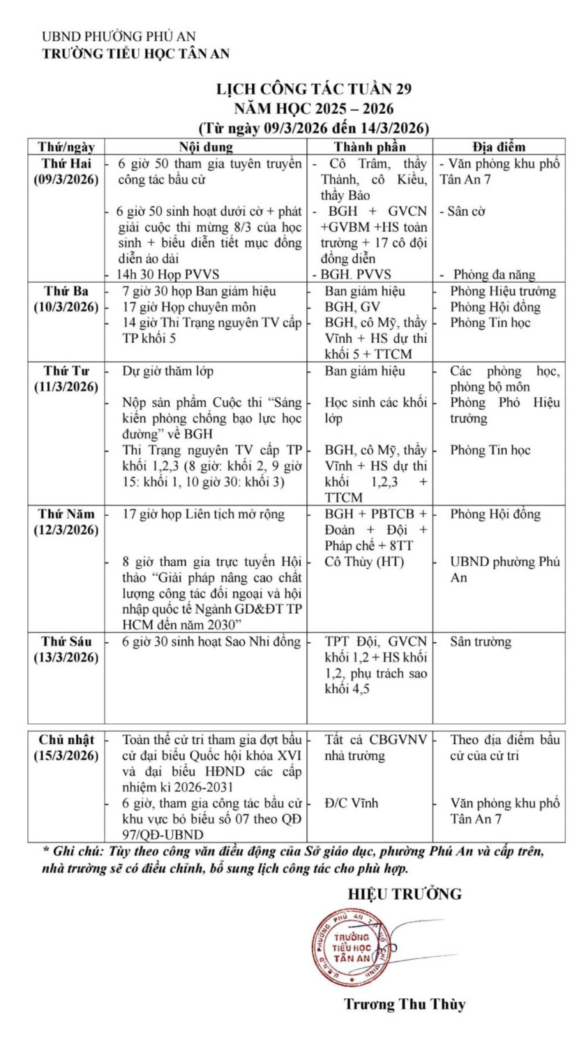 Lich làm việc trường TH Tân An