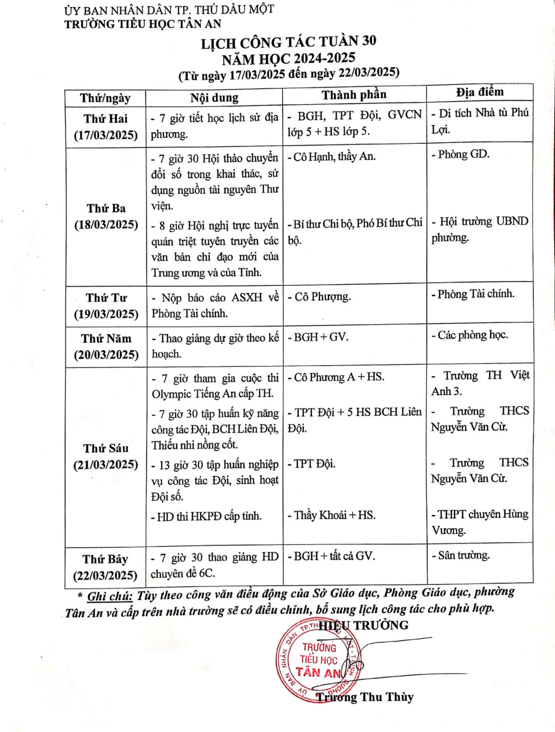 Lich làm việc trường TH Tân An