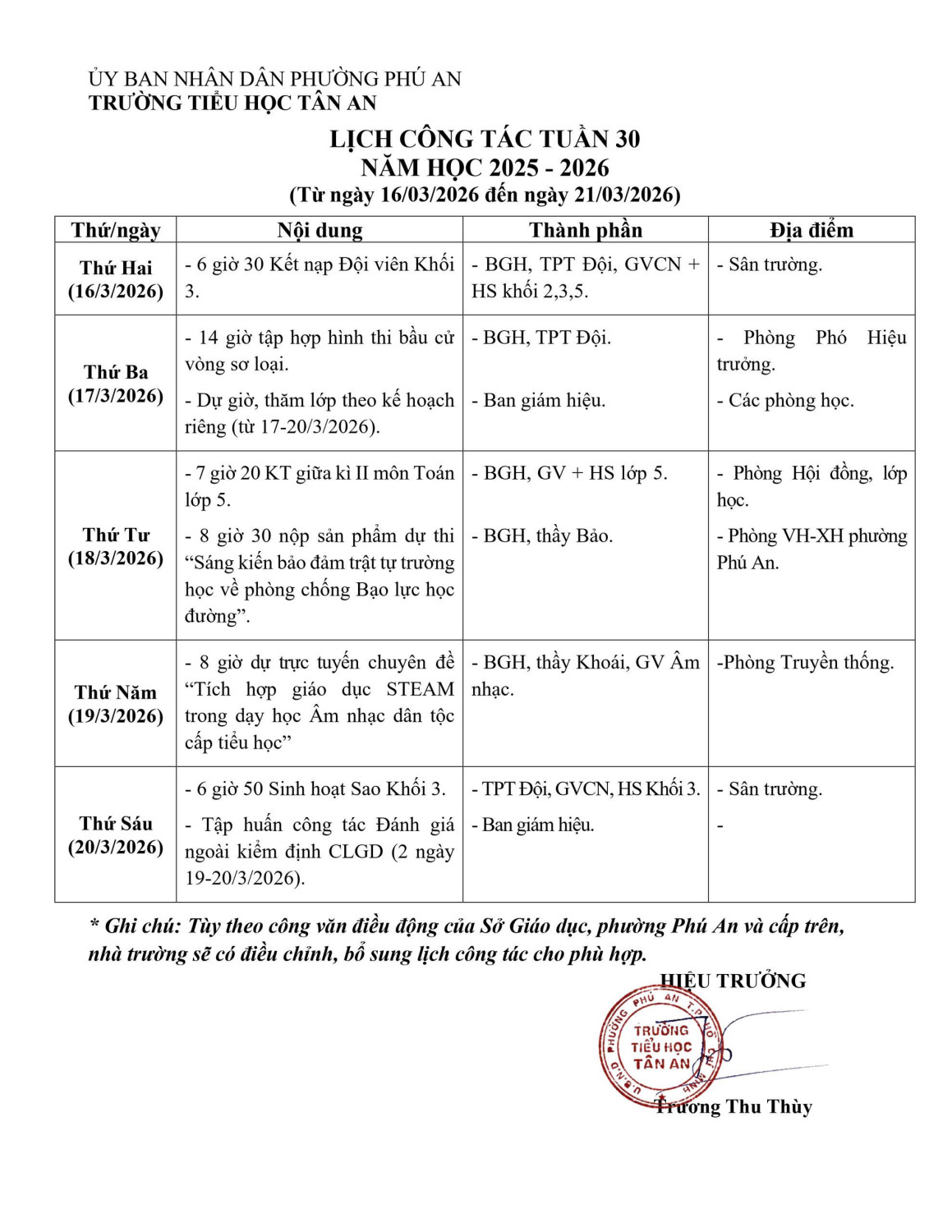 Lich làm việc trường TH Tân An
