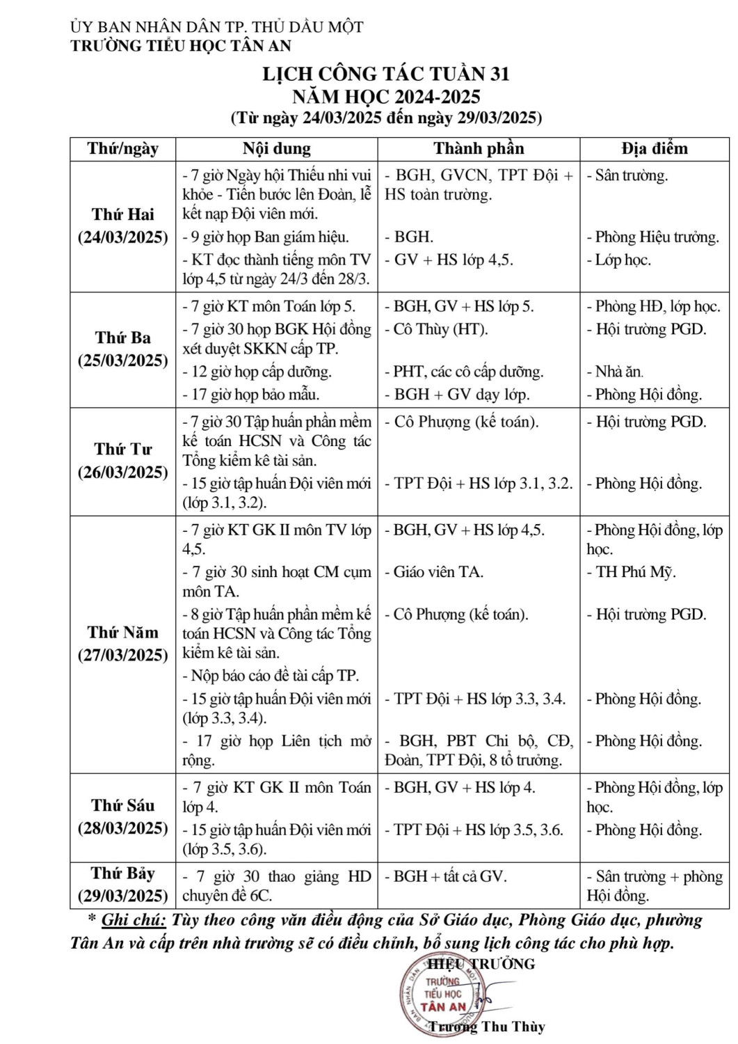 Lich làm việc trường TH Tân An