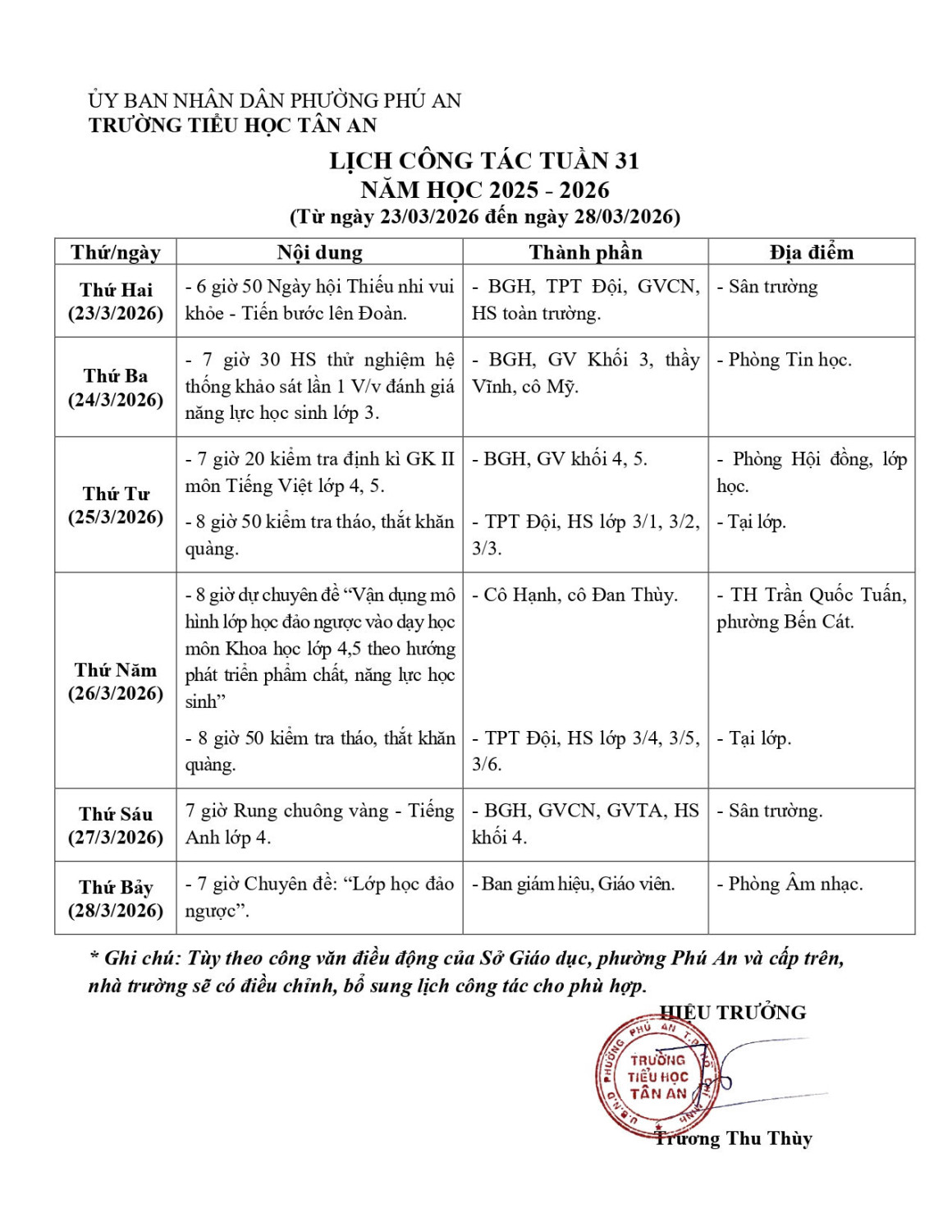 Lich làm việc trường TH Tân An
