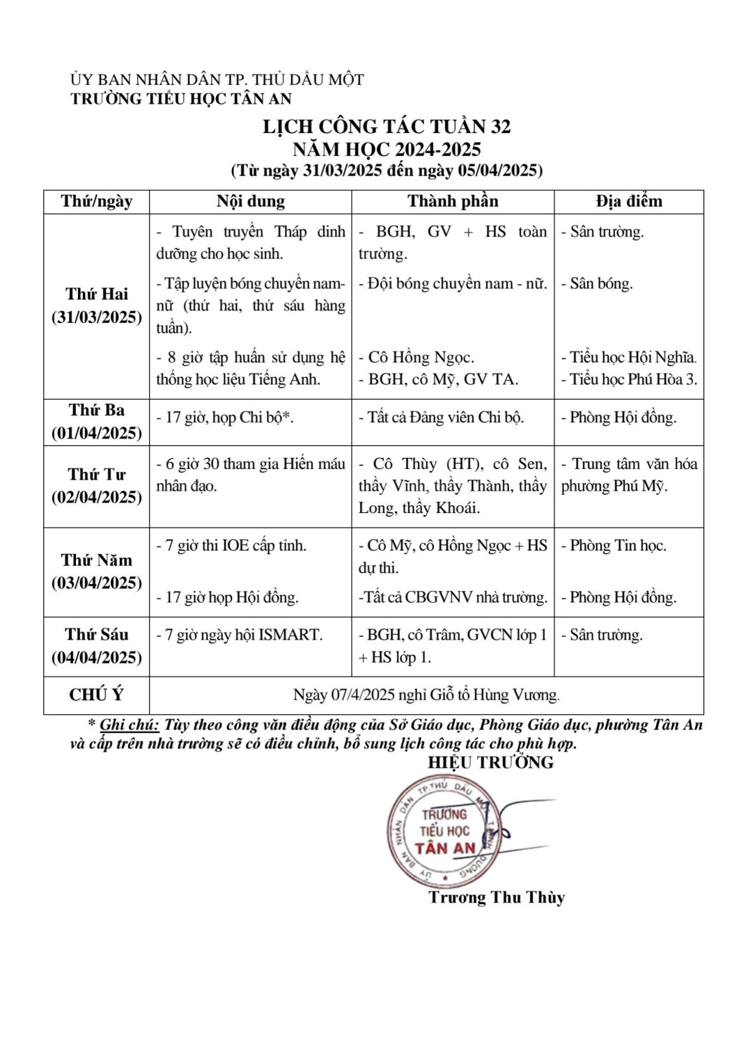 Lich làm việc trường TH Tân An