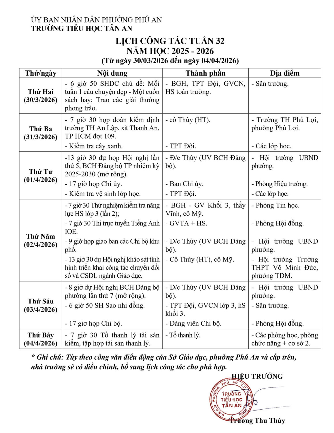 Lich làm việc trường TH Tân An