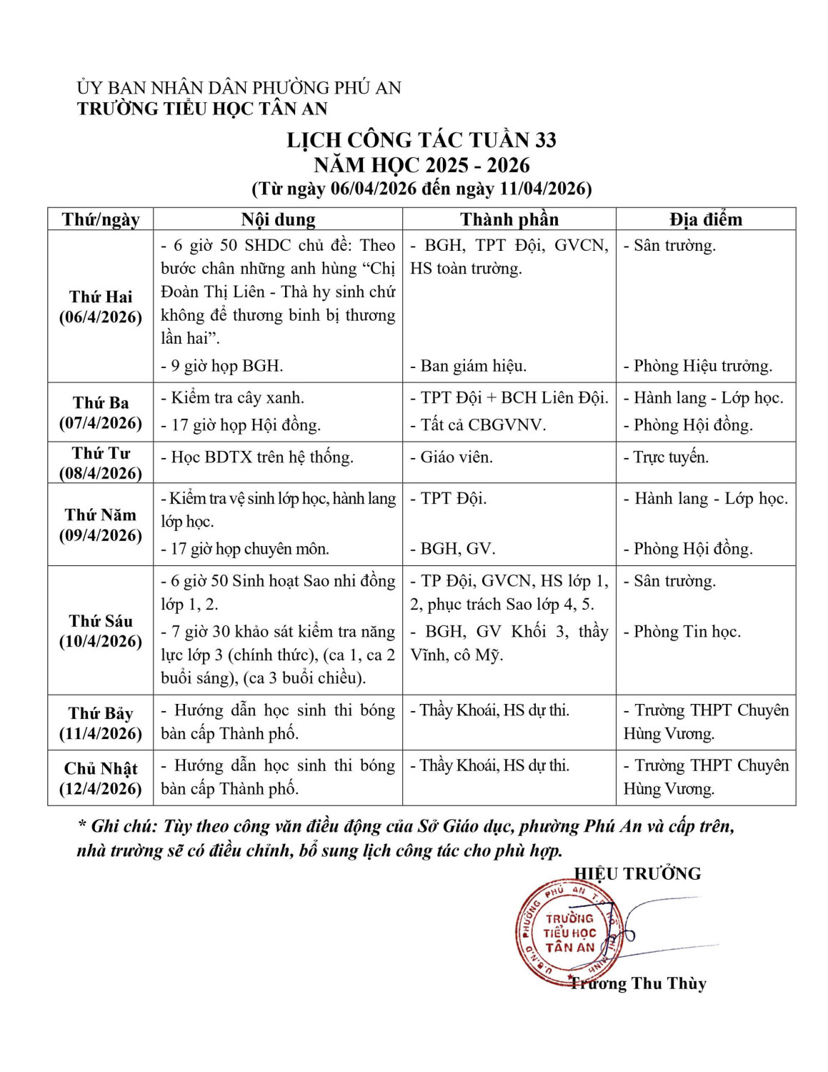 Lich làm việc trường TH Tân An