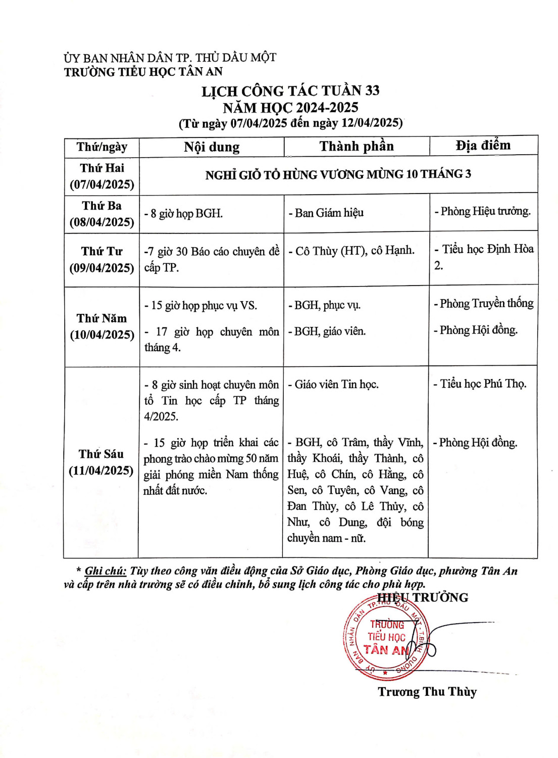 Lich làm việc trường TH Tân An