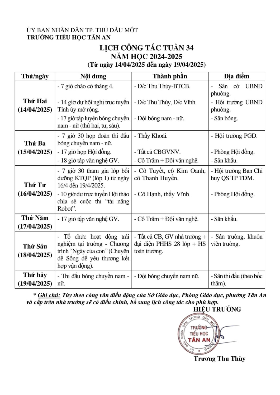Lich làm việc trường TH Tân An