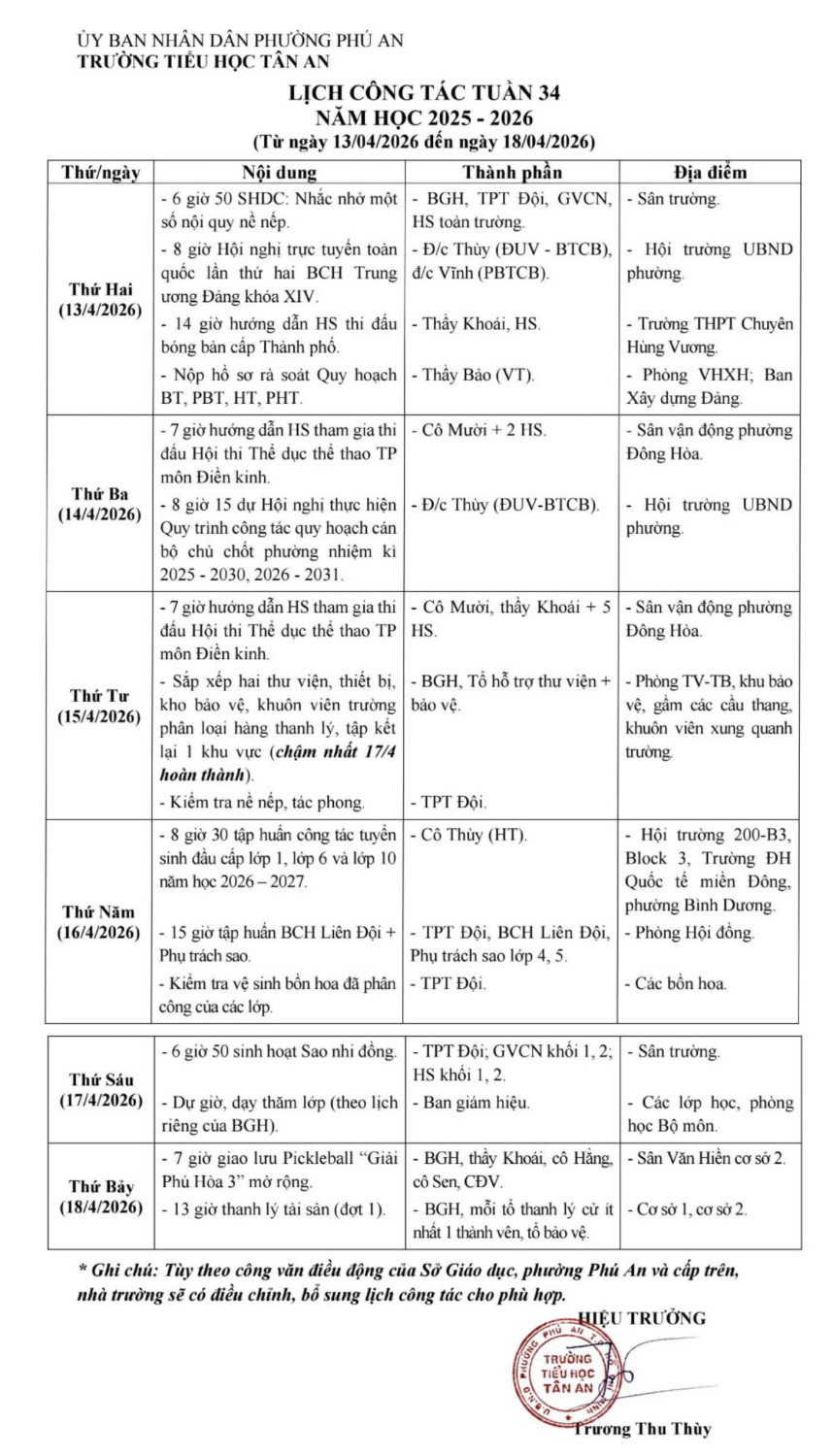 Lich làm việc trường TH Tân An