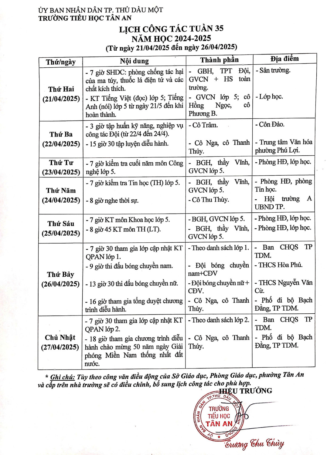 Lich làm việc trường TH Tân An