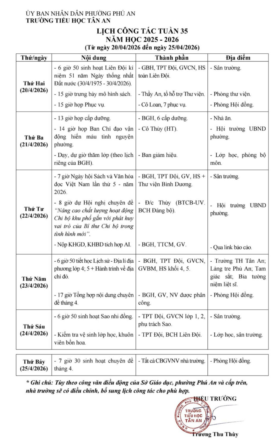 Lich làm việc trường TH Tân An