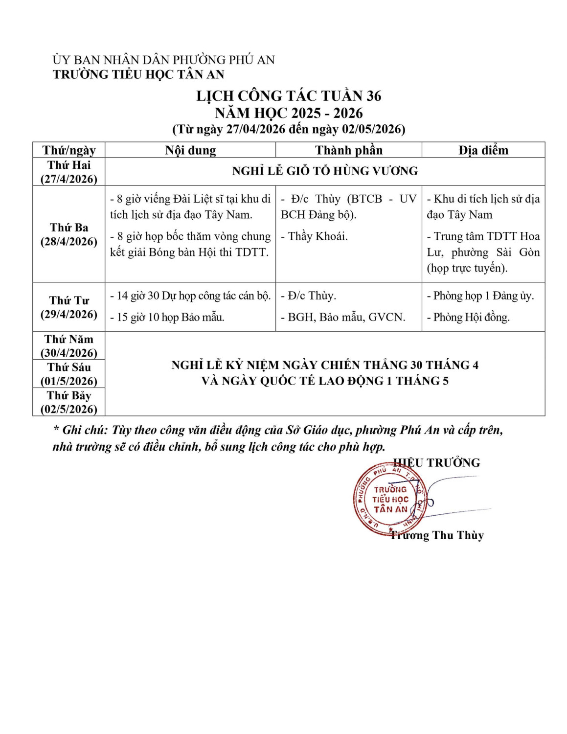 Lich làm việc trường TH Tân An