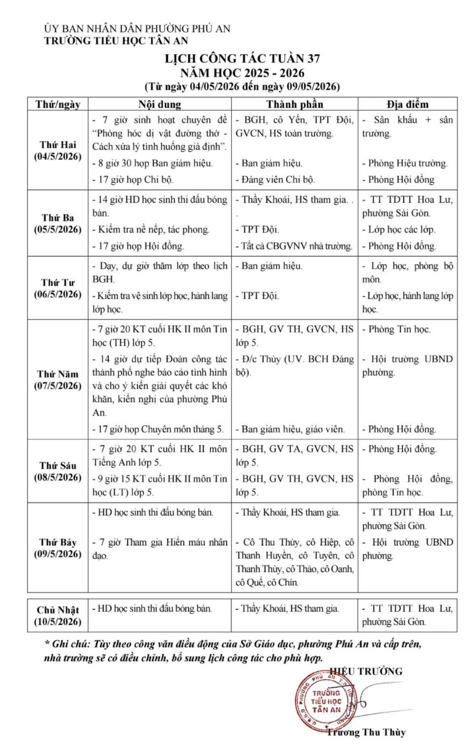 Lich làm việc trường TH Tân An