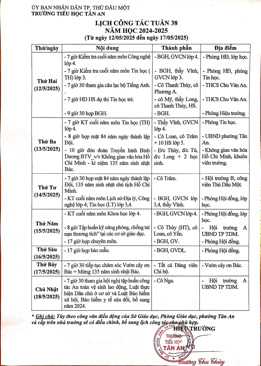 Lich làm việc trường TH Tân An