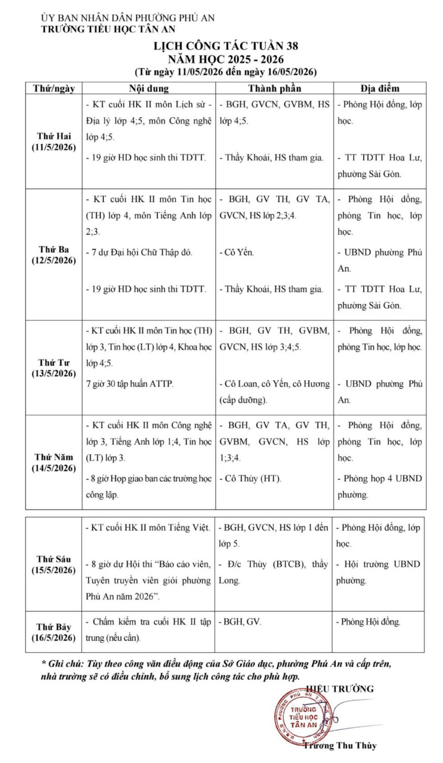 Lich làm việc trường TH Tân An