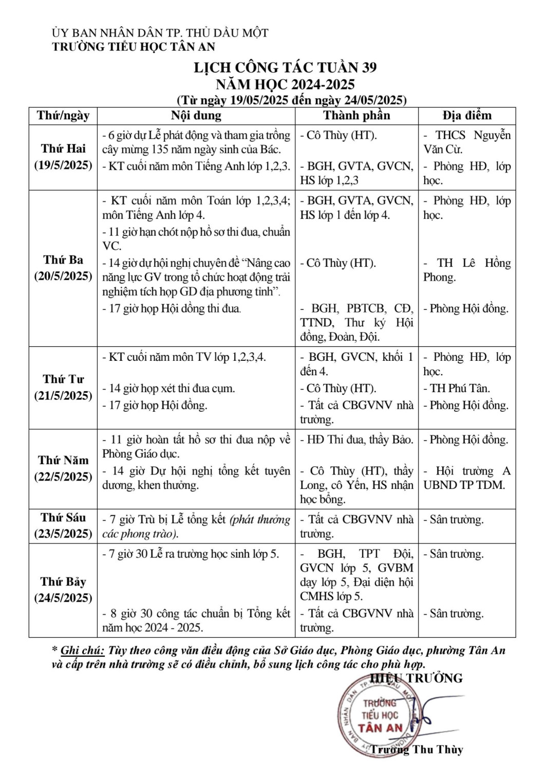 Lich làm việc trường TH Tân An